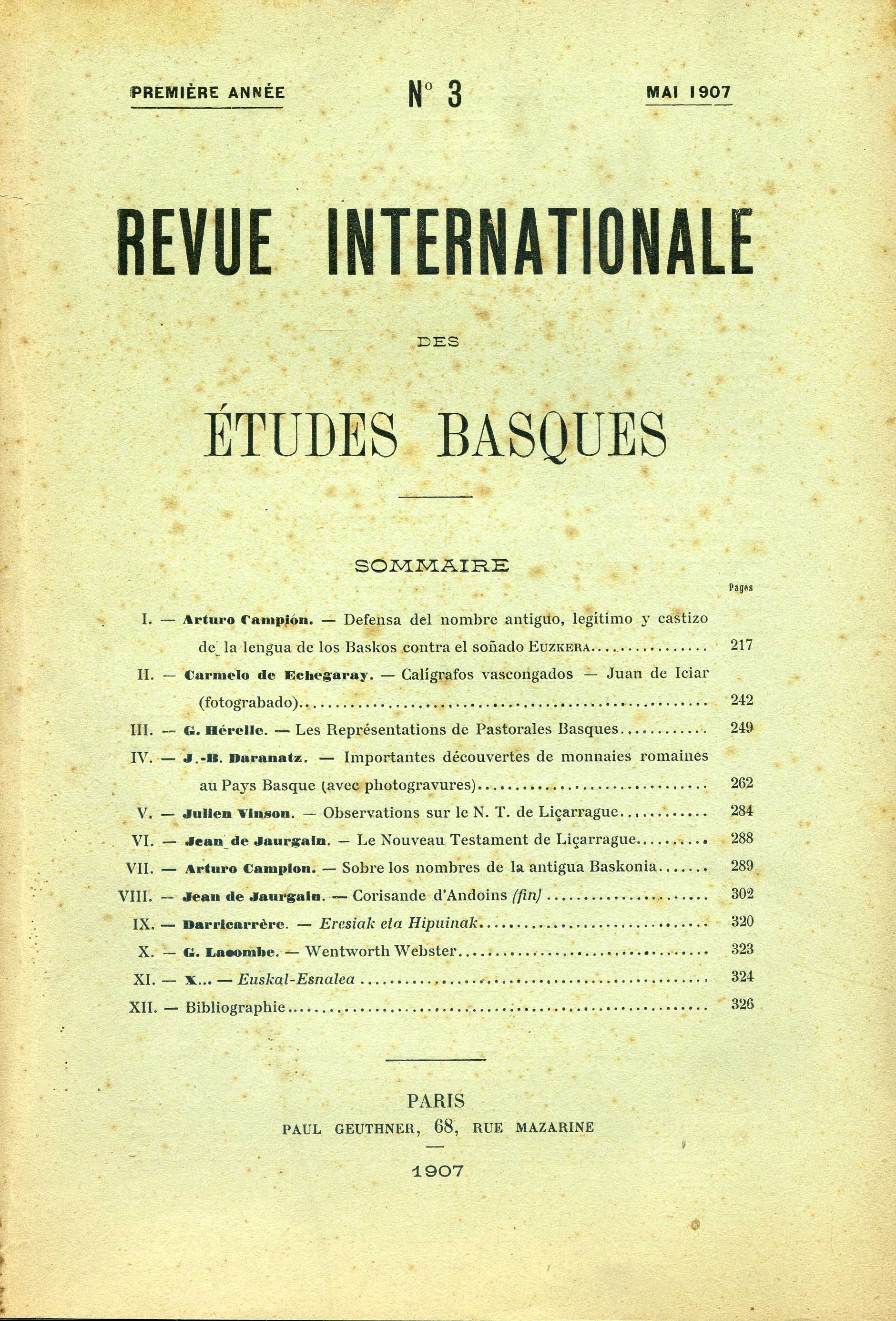 Bibliographie. Le livre d´ Or de Bayonne: textes gascons du XIIIe siècle. Eskua´dun Eliza kantuak